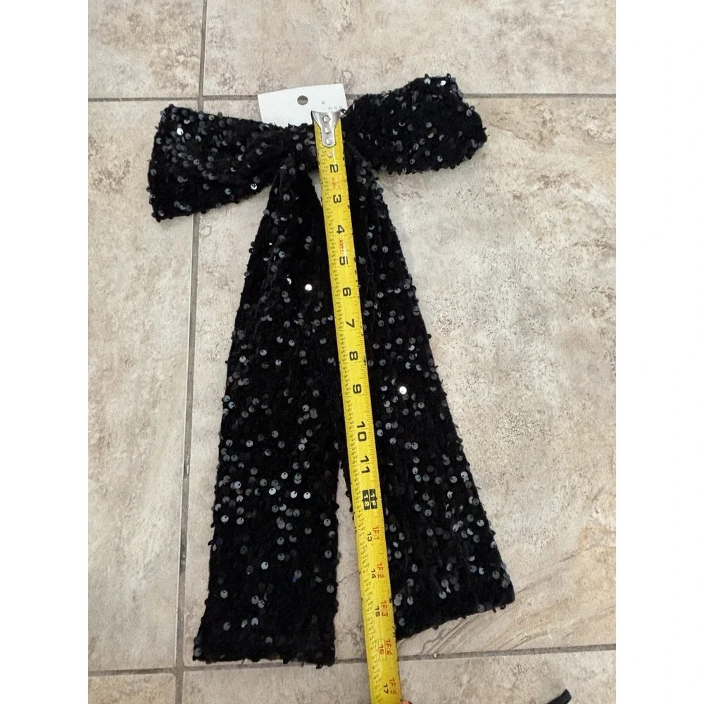 A New Day Bow Hair Clips Set of 2 Black Sequin Rhinestone Satin NWT Gift